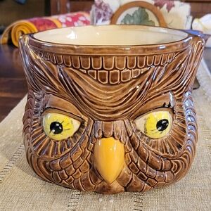 1970s Double Face Owl Planter/ Pot Cover 6x5.5" Groovy Little Guy!